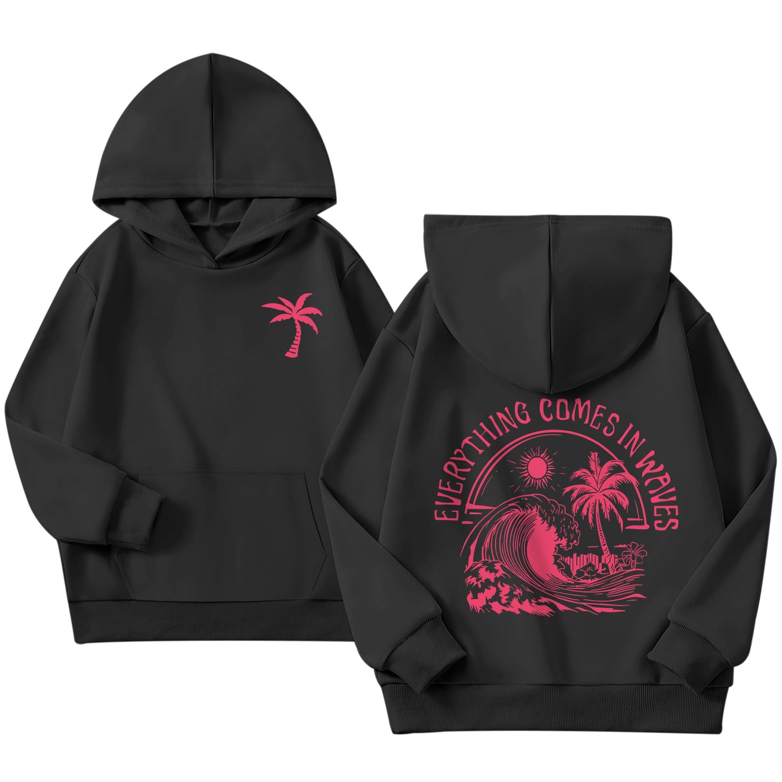 KIEKIECOO Girls Palm Graphic Hoodie Beach Cute Hoodies With Pocket Kids Preppy Sweatshirt Ocean Pullover Long Sleeve Top
