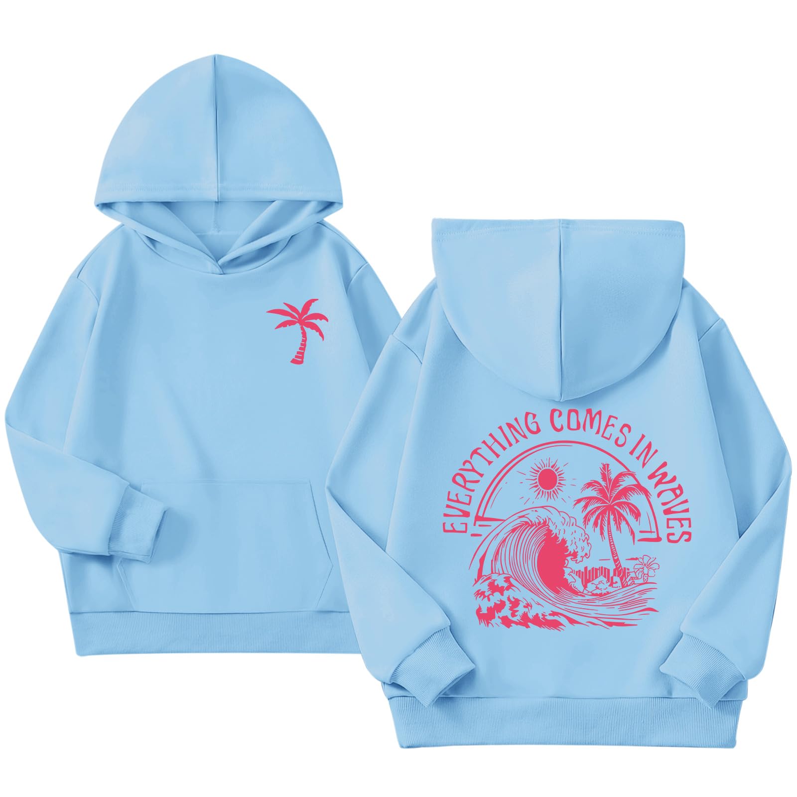 KIEKIECOO Girls Palm Graphic Hoodie Beach Cute Hoodies With Pocket Kids Preppy Sweatshirt Ocean Pullover Long Sleeve Top