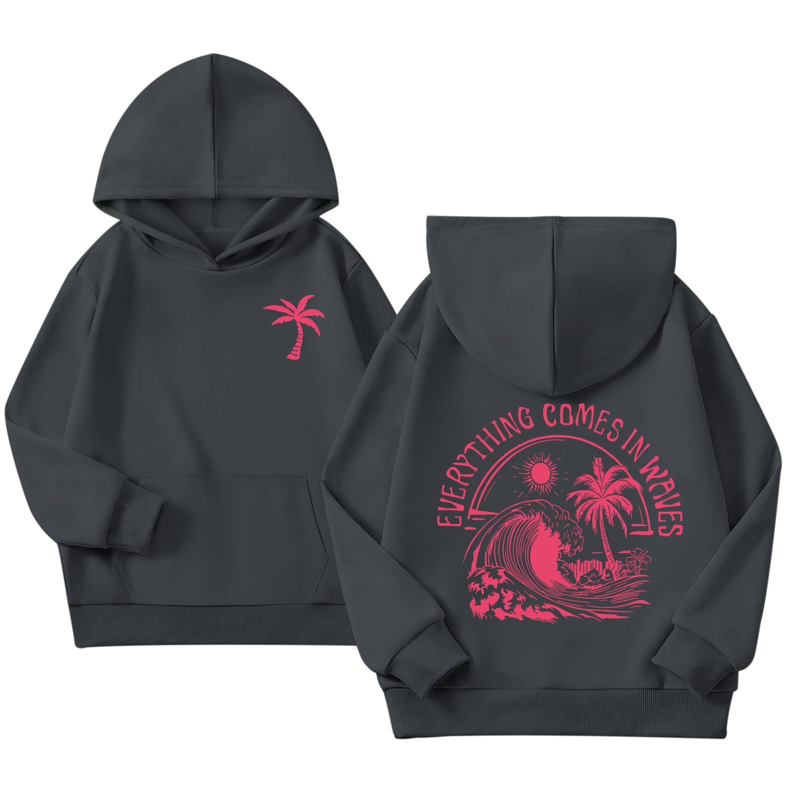 KIEKIECOO Girls Palm Graphic Hoodie Beach Cute Hoodies With Pocket Kids Preppy Sweatshirt Ocean Pullover Long Sleeve Top