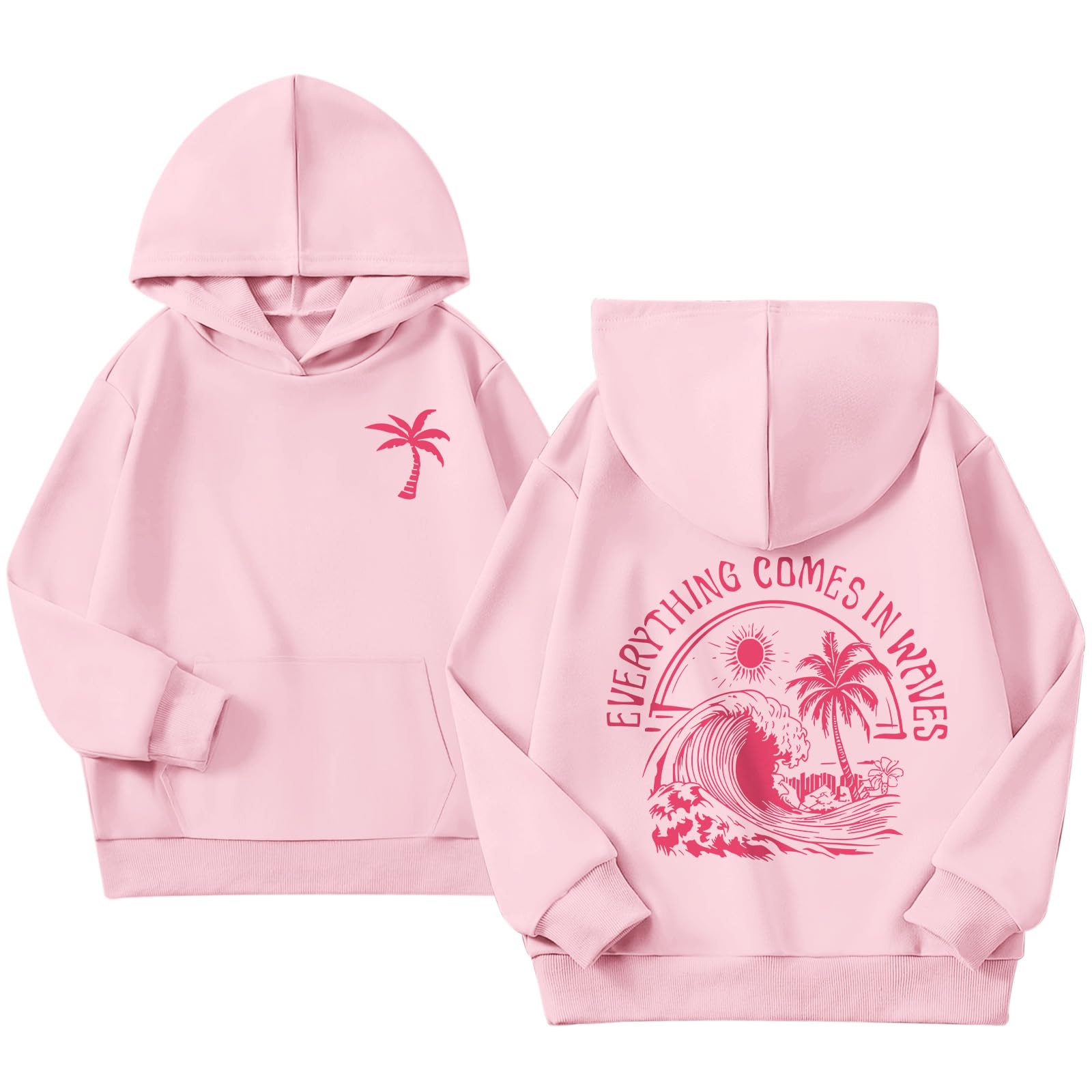 KIEKIECOO Girls Palm Graphic Hoodie Beach Cute Hoodies With Pocket Kids Preppy Sweatshirt Ocean Pullover Long Sleeve Top