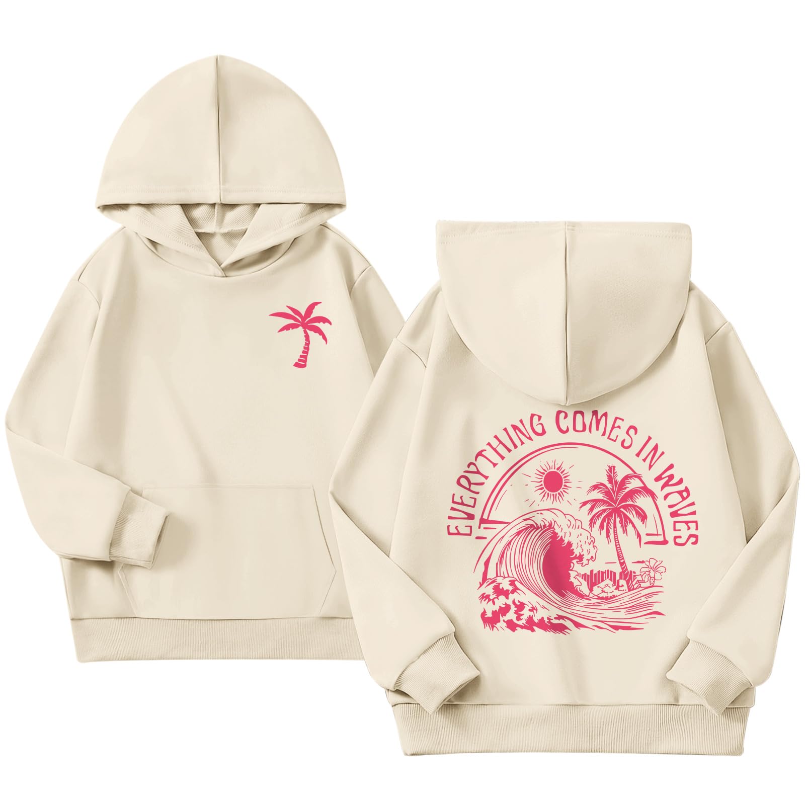 KIEKIECOO Girls Palm Graphic Hoodie Beach Cute Hoodies With Pocket Kids Preppy Sweatshirt Ocean Pullover Long Sleeve Top