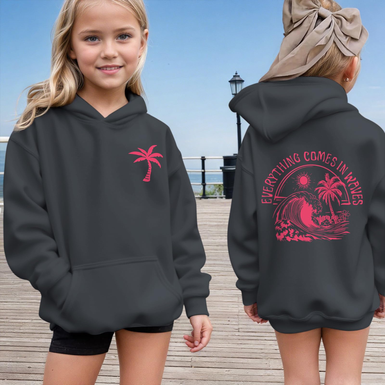 KIEKIECOO Girls Palm Graphic Hoodie Beach Cute Hoodies With Pocket Kids Preppy Sweatshirt Ocean Pullover Long Sleeve Top