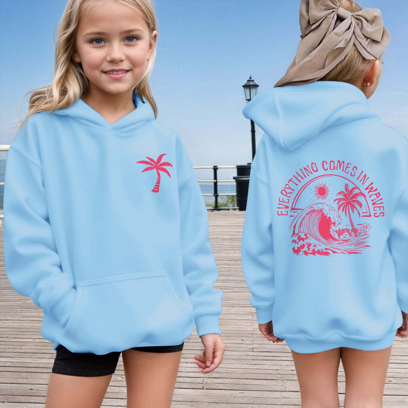 KIEKIECOO Girls Palm Graphic Hoodie Beach Cute Hoodies With Pocket Kids Preppy Sweatshirt Ocean Pullover Long Sleeve Top