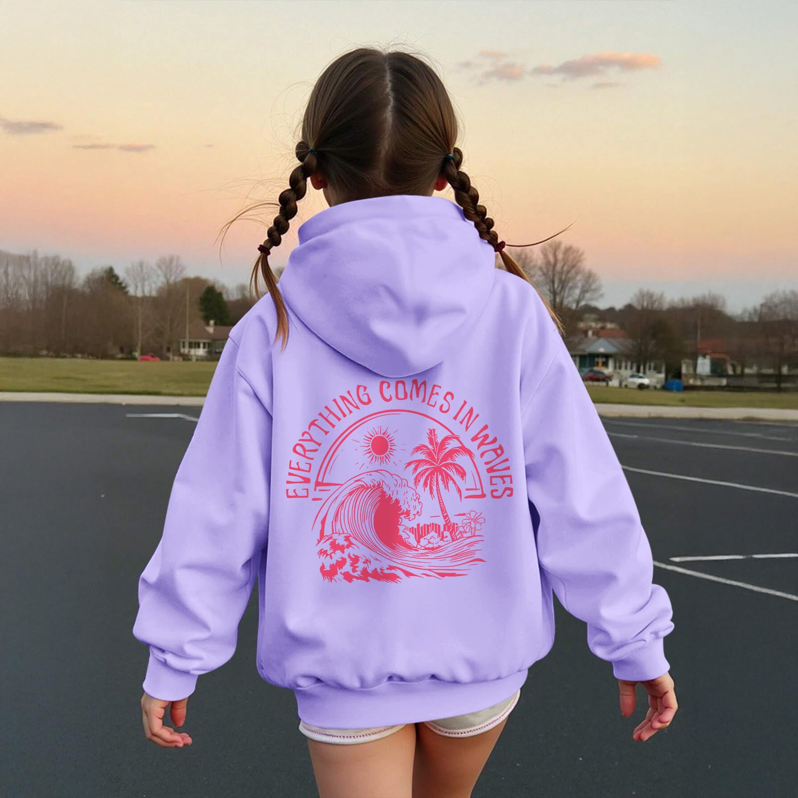 KIEKIECOO Girls Palm Graphic Hoodie Beach Cute Hoodies With Pocket Kids Preppy Sweatshirt Ocean Pullover Long Sleeve Top