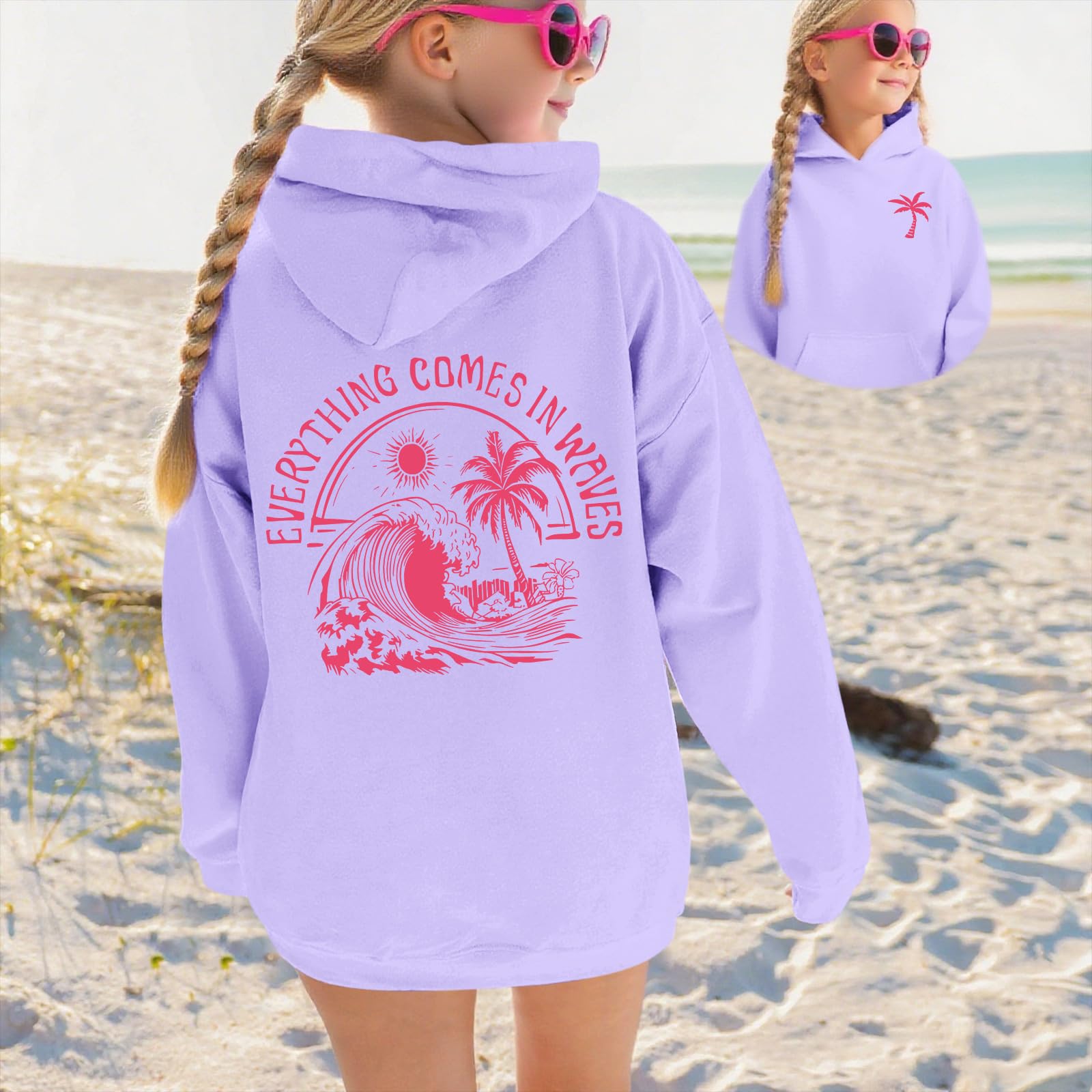 KIEKIECOO Girls Palm Graphic Hoodie Beach Cute Hoodies With Pocket Kids Preppy Sweatshirt Ocean Pullover Long Sleeve Top