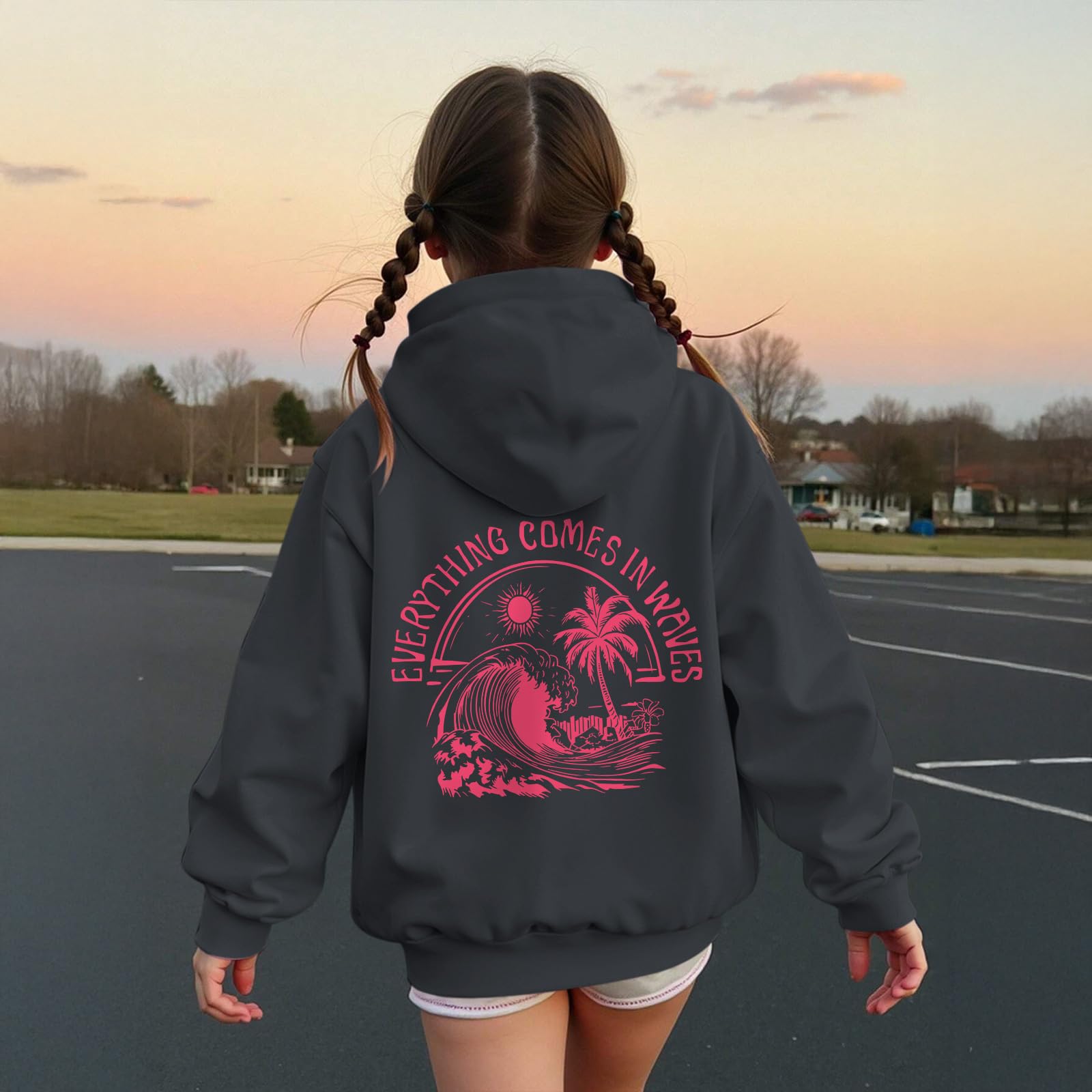 KIEKIECOO Girls Palm Graphic Hoodie Beach Cute Hoodies With Pocket Kids Preppy Sweatshirt Ocean Pullover Long Sleeve Top