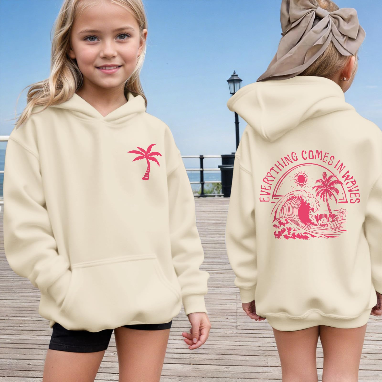 KIEKIECOO Girls Palm Graphic Hoodie Beach Cute Hoodies With Pocket Kids Preppy Sweatshirt Ocean Pullover Long Sleeve Top