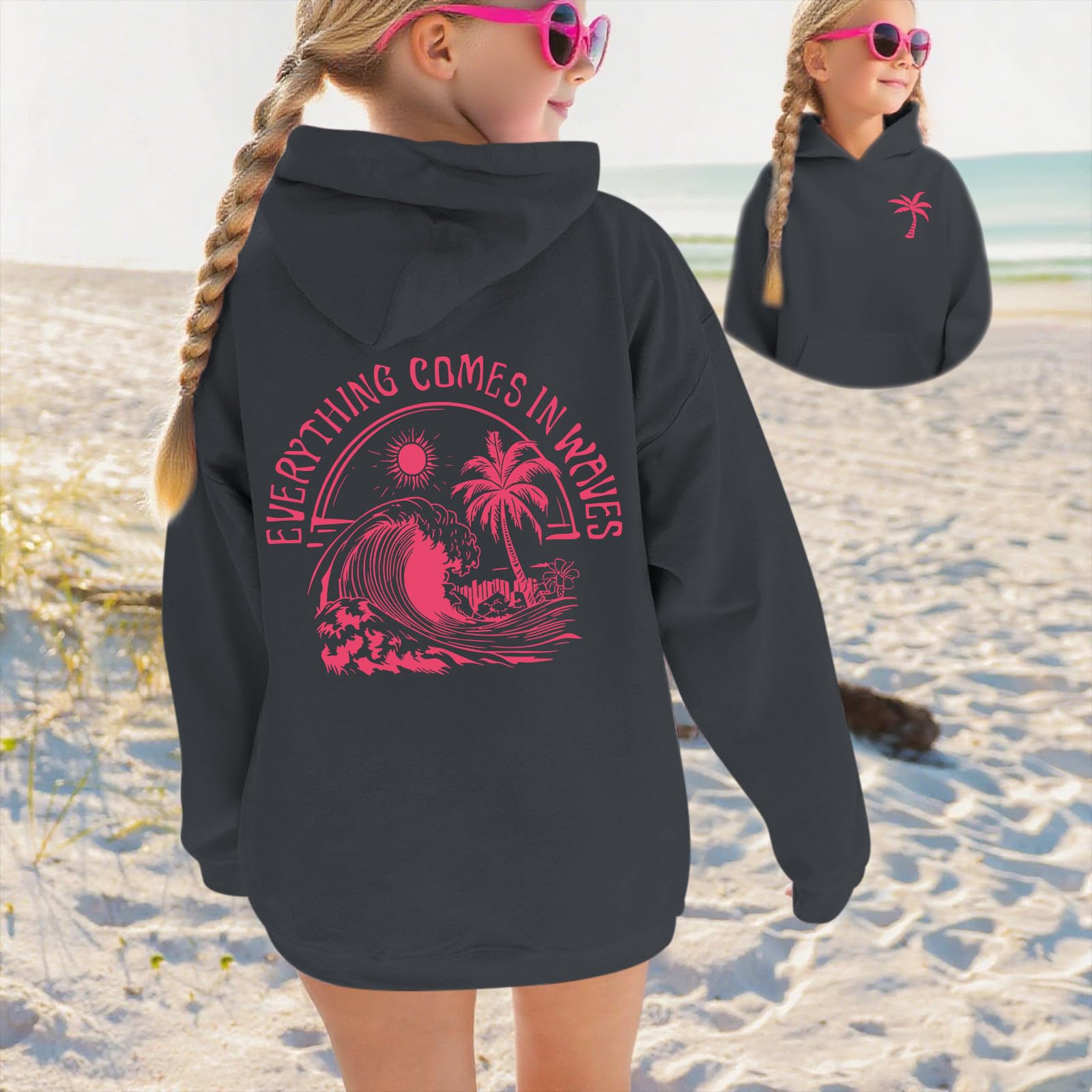 KIEKIECOO Girls Palm Graphic Hoodie Beach Cute Hoodies With Pocket Kids Preppy Sweatshirt Ocean Pullover Long Sleeve Top