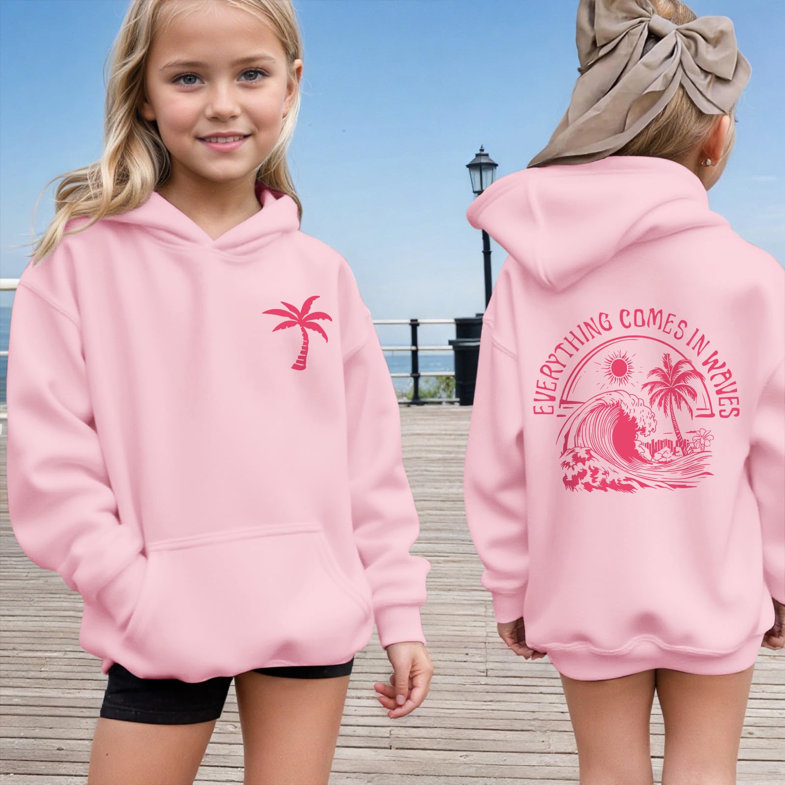 KIEKIECOO Girls Palm Graphic Hoodie Beach Cute Hoodies With Pocket Kids Preppy Sweatshirt Ocean Pullover Long Sleeve Top