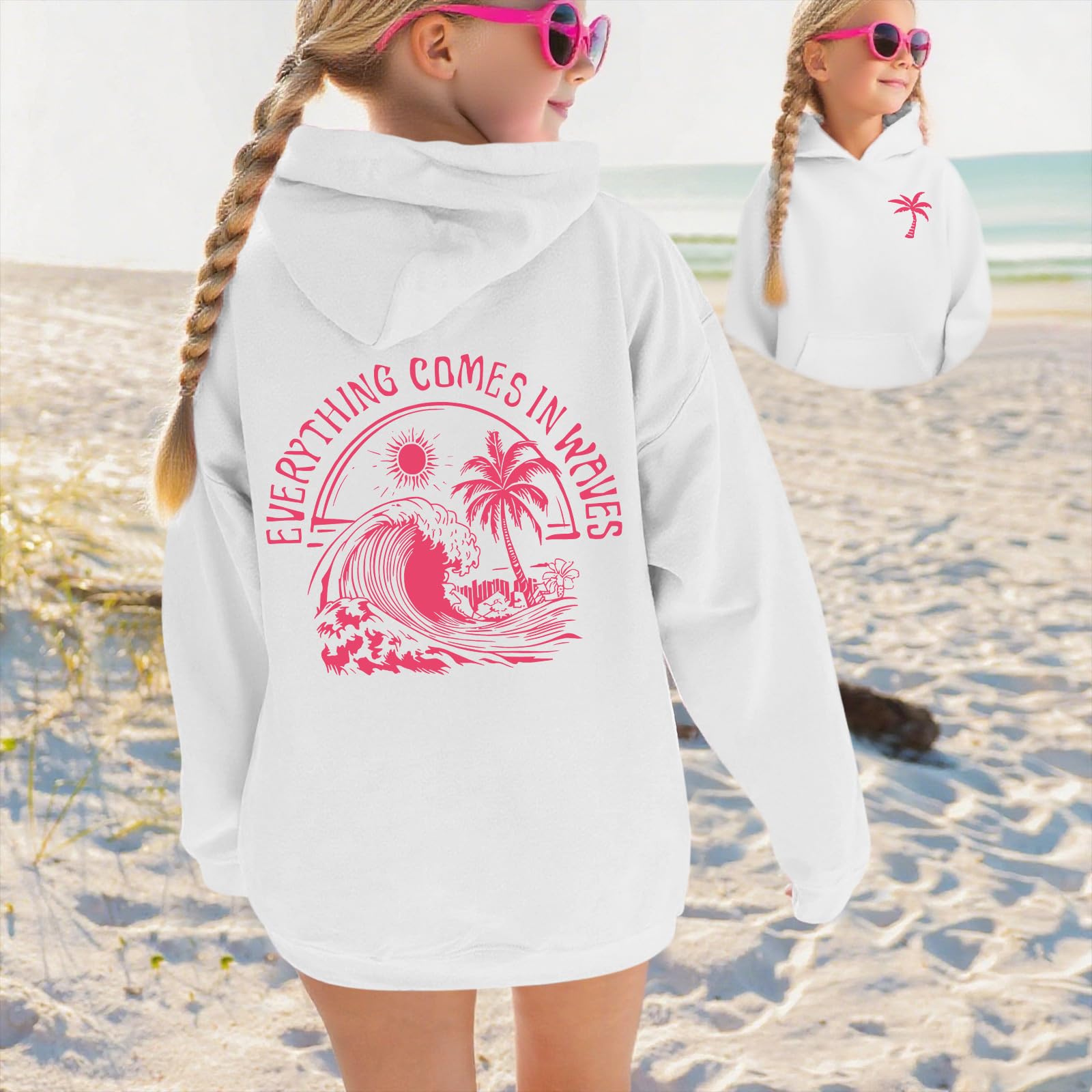 KIEKIECOO Girls Palm Graphic Hoodie Beach Cute Hoodies With Pocket Kids Preppy Sweatshirt Ocean Pullover Long Sleeve Top