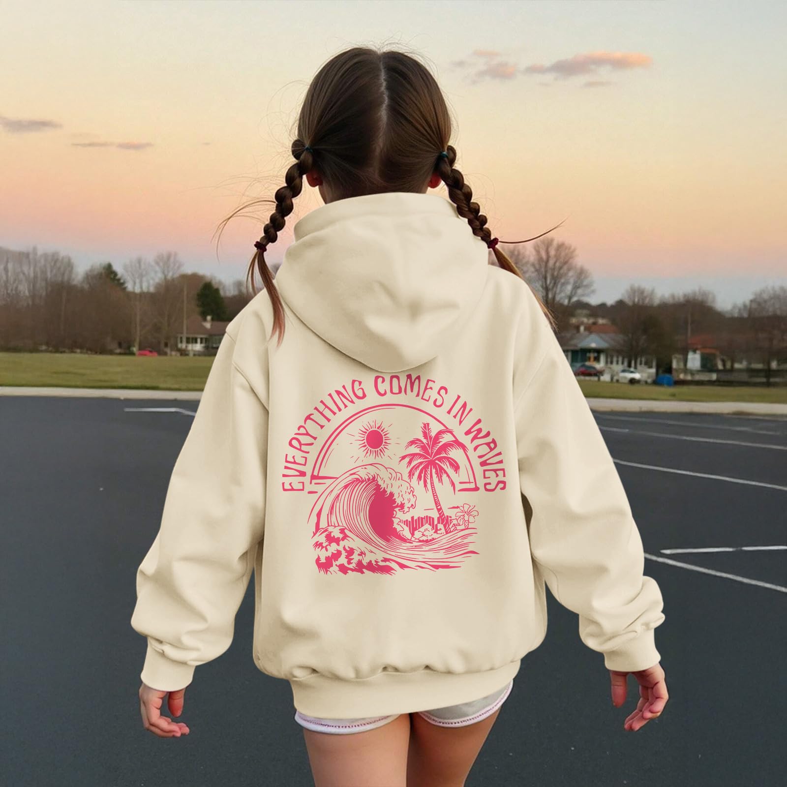 KIEKIECOO Girls Palm Graphic Hoodie Beach Cute Hoodies With Pocket Kids Preppy Sweatshirt Ocean Pullover Long Sleeve Top
