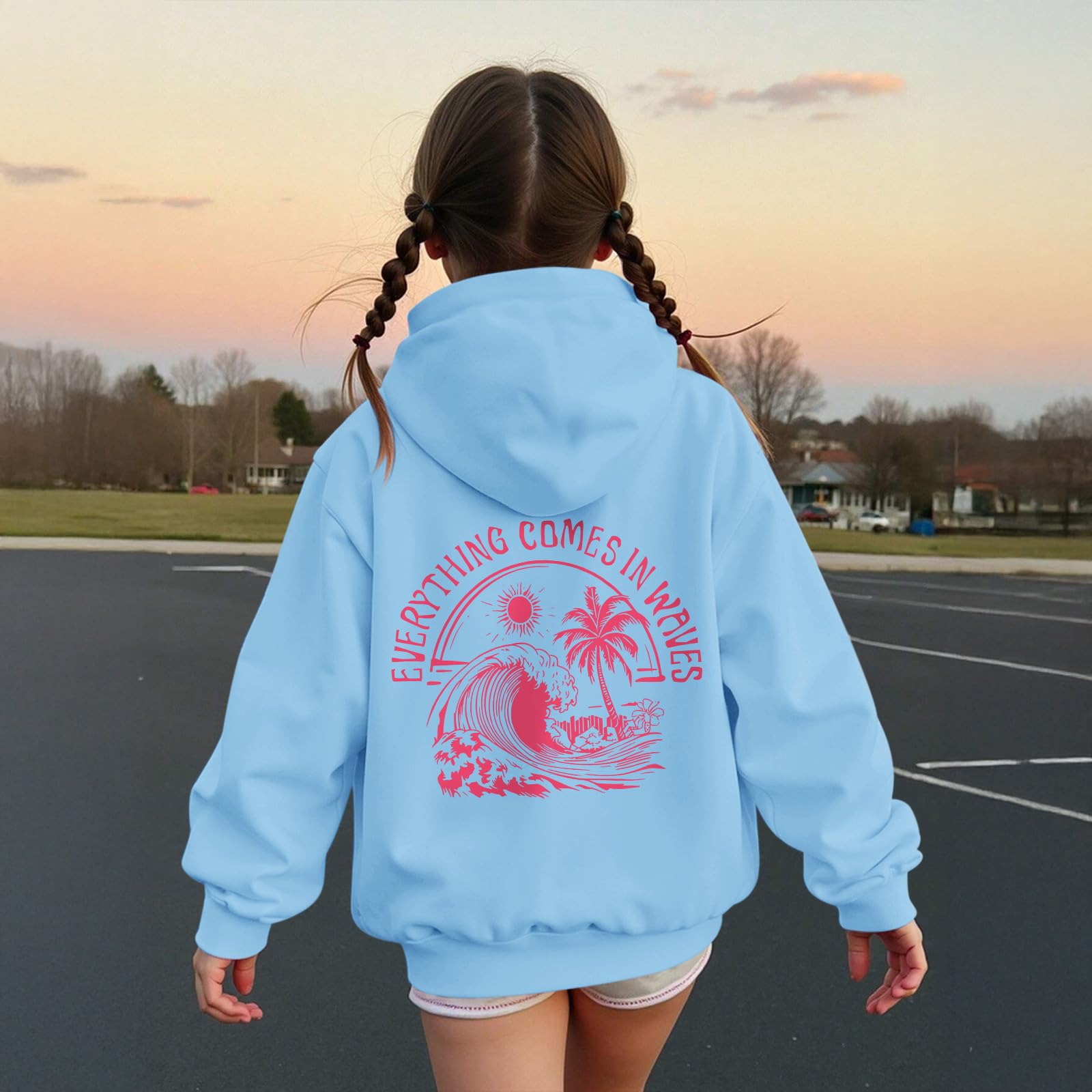 KIEKIECOO Girls Palm Graphic Hoodie Beach Cute Hoodies With Pocket Kids Preppy Sweatshirt Ocean Pullover Long Sleeve Top