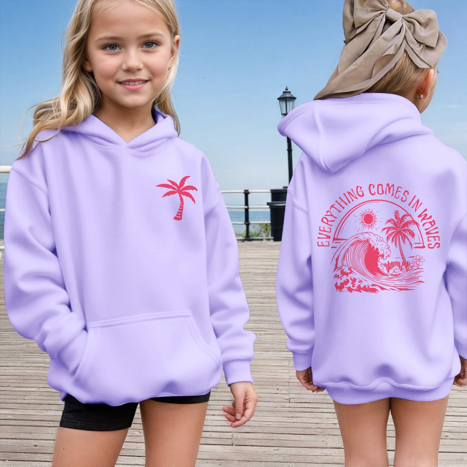 KIEKIECOO Girls Palm Graphic Hoodie Beach Cute Hoodies With Pocket Kids Preppy Sweatshirt Ocean Pullover Long Sleeve Top
