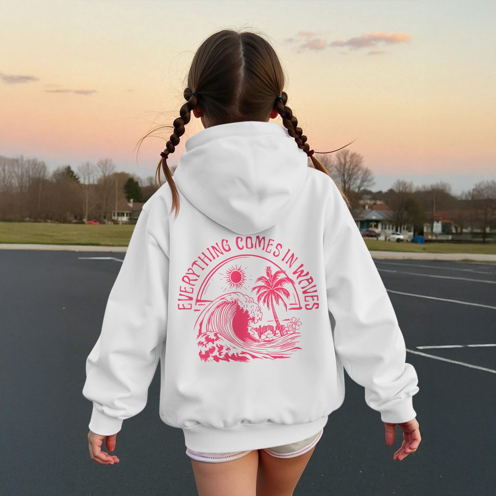 KIEKIECOO Girls Palm Graphic Hoodie Beach Cute Hoodies With Pocket Kids Preppy Sweatshirt Ocean Pullover Long Sleeve Top