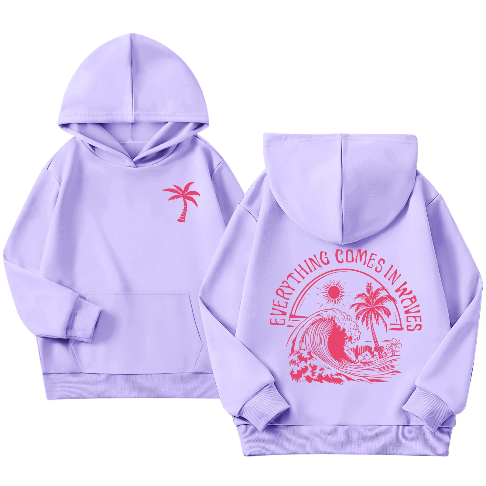 KIEKIECOO Girls Palm Graphic Hoodie Beach Cute Hoodies With Pocket Kids Preppy Sweatshirt Ocean Pullover Long Sleeve Top