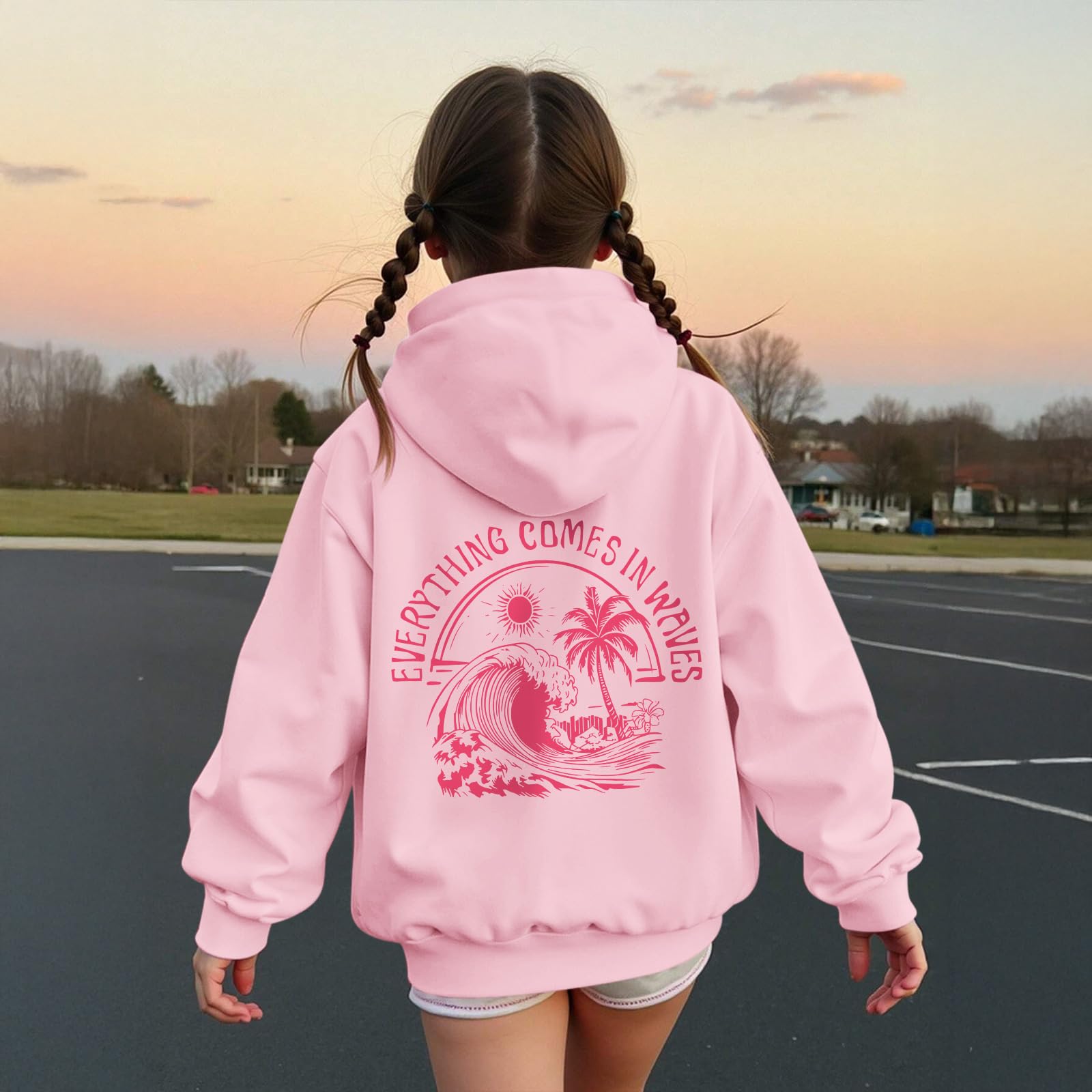 KIEKIECOO Girls Palm Graphic Hoodie Beach Cute Hoodies With Pocket Kids Preppy Sweatshirt Ocean Pullover Long Sleeve Top