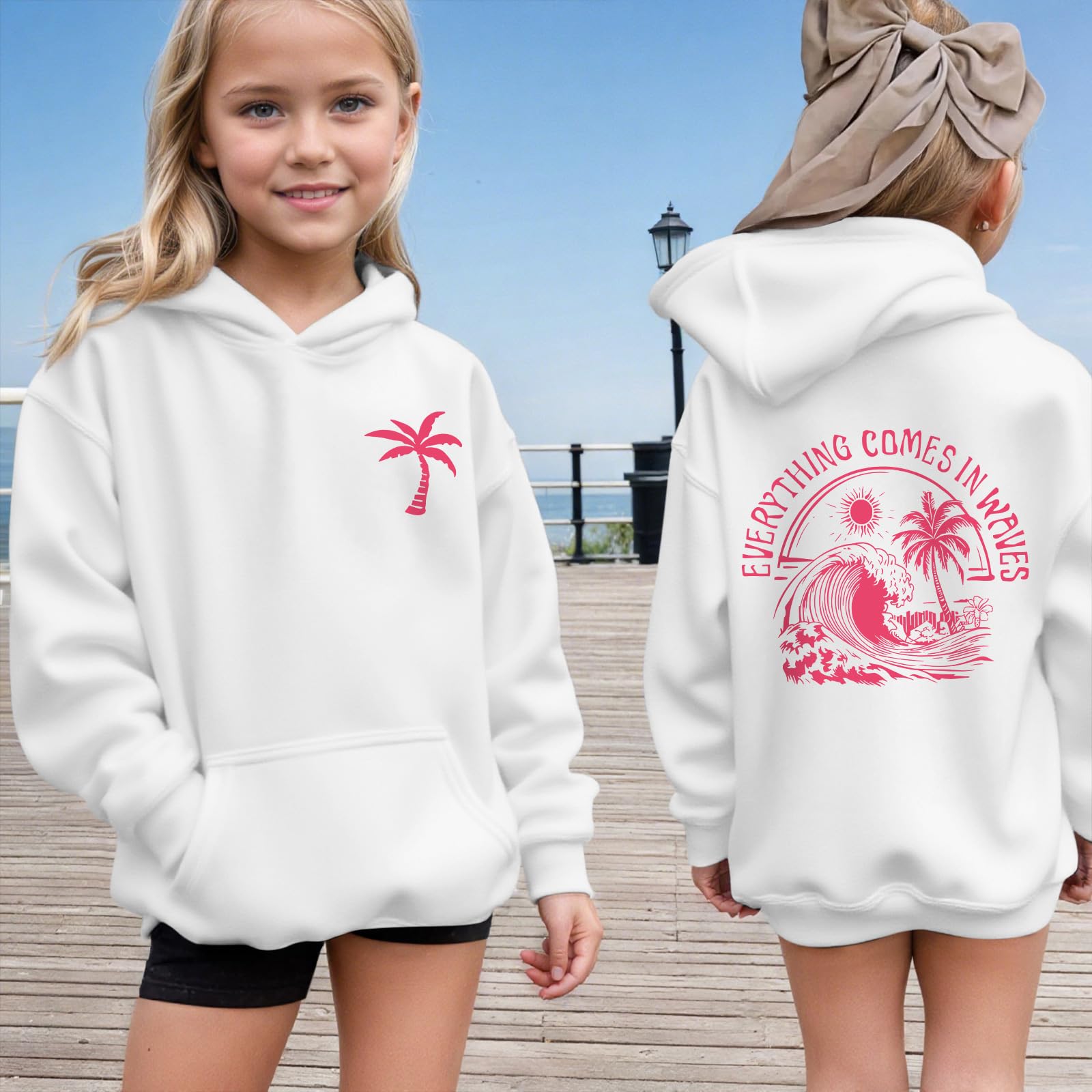 KIEKIECOO Girls Palm Graphic Hoodie Beach Cute Hoodies With Pocket Kids Preppy Sweatshirt Ocean Pullover Long Sleeve Top