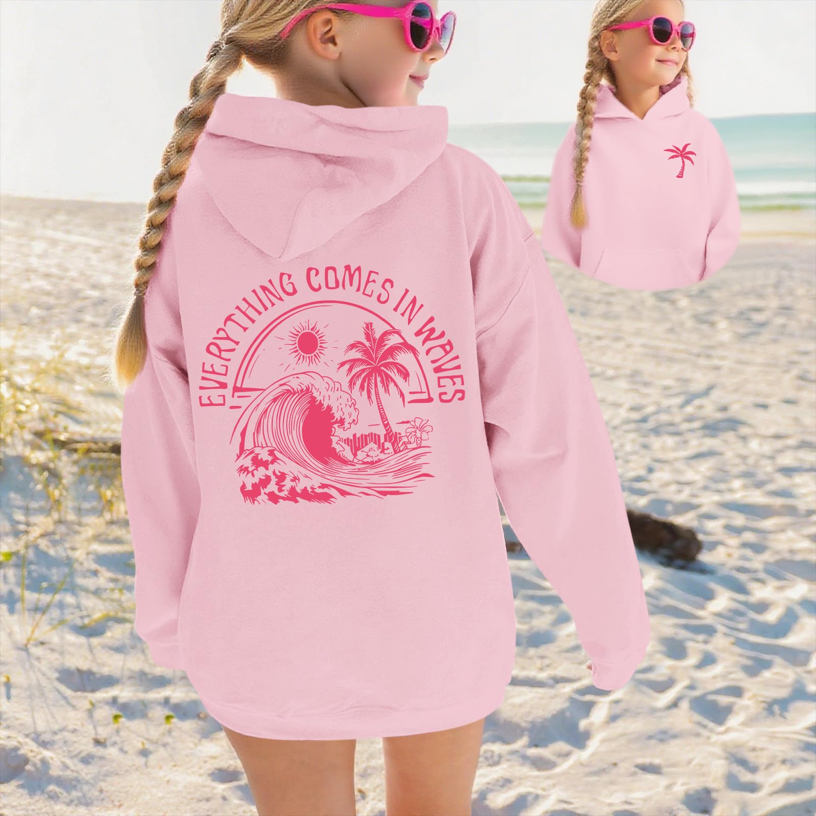 KIEKIECOO Girls Palm Graphic Hoodie Beach Cute Hoodies With Pocket Kids Preppy Sweatshirt Ocean Pullover Long Sleeve Top